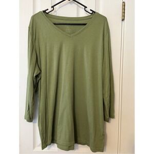 WoolX Elena Merino Wool Long Sleeve V Neck Top 1X Olive Green Lightweight *flaw*